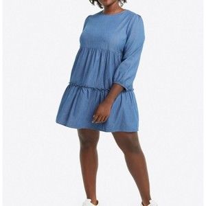 Draper James Dress Womens Size 3X Blue Chambray Puffed Sleeve Tiered Plus